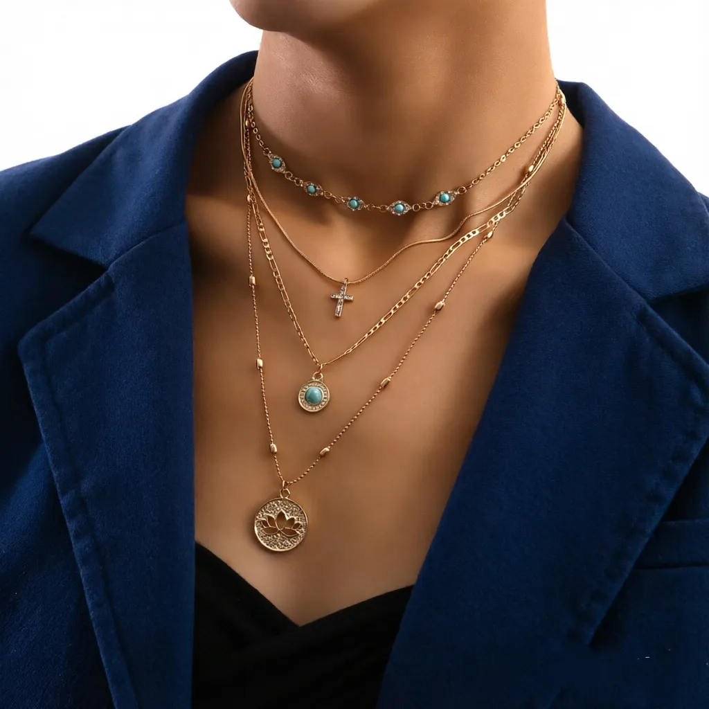 New Layered Chain Necklace with Hollow Flower & Crystal Cross Pendant – Light Luxury Versatile Jewelry for Women, Trendy Statement Collarbone Necklace, Sparkling Rhinestone Gift for Her